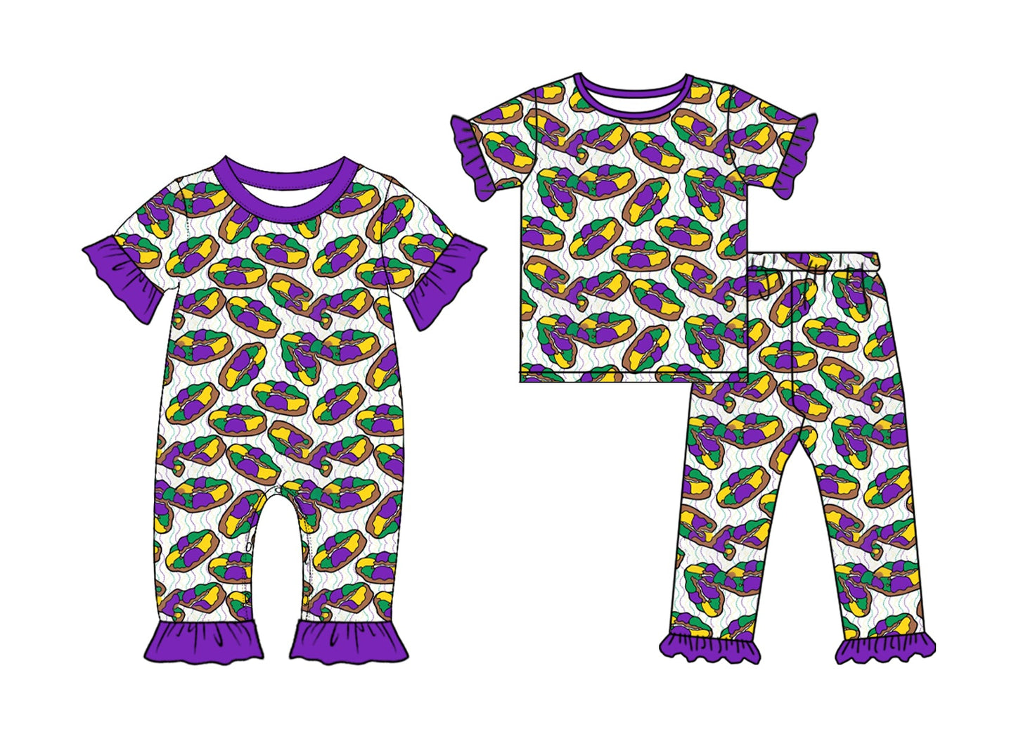 Preorder MOQ 5 pcs Each Style Mardi Gras Dount Ruffles Kids Matching Clothes