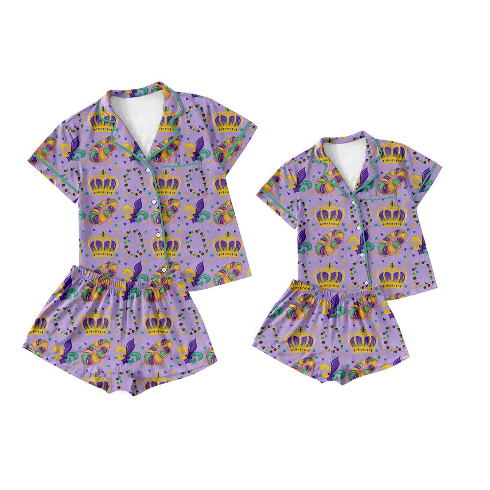 Preorder MOQ 5 pcs Each Style Mardi Gras Purple Buttons Pajamas Mommy and Me Matching Clothes