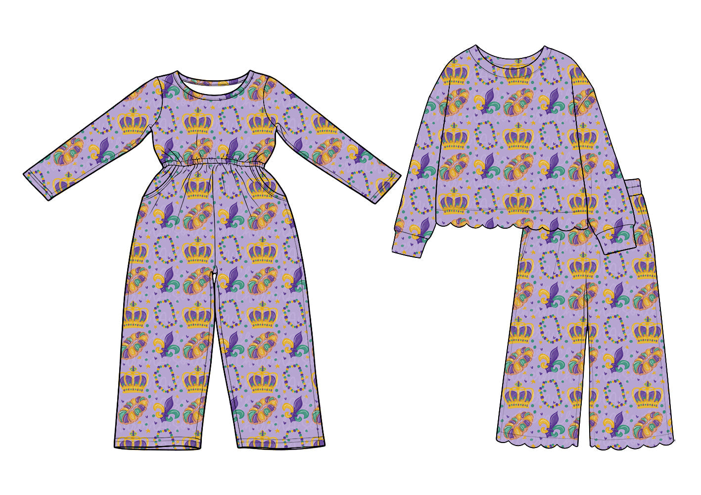 Preorder MOQ 5 pcs Each Style Mardi Gras Girl's Jumpsuit & Scallop Edge Set Kids Matching Clothes