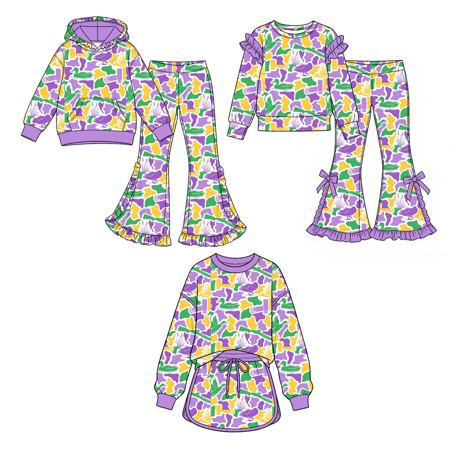 Preorder MOQ 5 pcs Each Style Mardi Gras Camo Ruffles Kids Matching Clothes