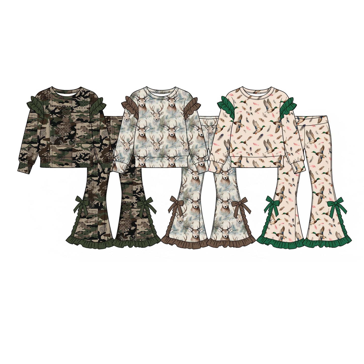 Preorder MOQ 5 pcs Each Style Hunting Duck Deer Ruffles Kids Matching Clothes