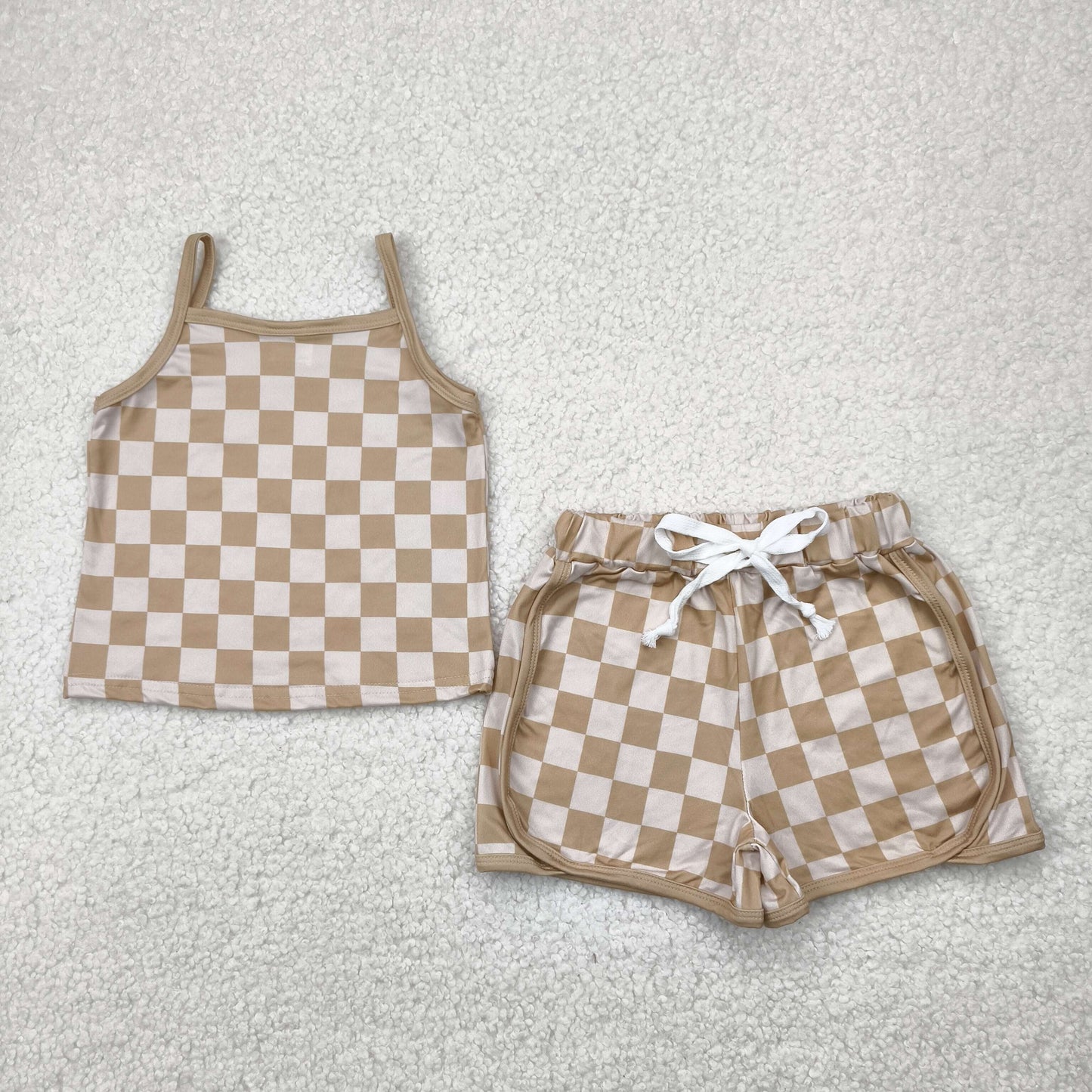 Brown plaid Girls Suit Summer Set