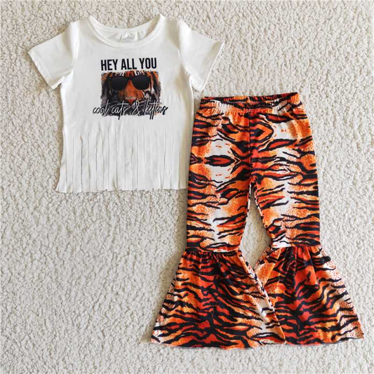 Hey tiger tassel print  short sleeve girls Set