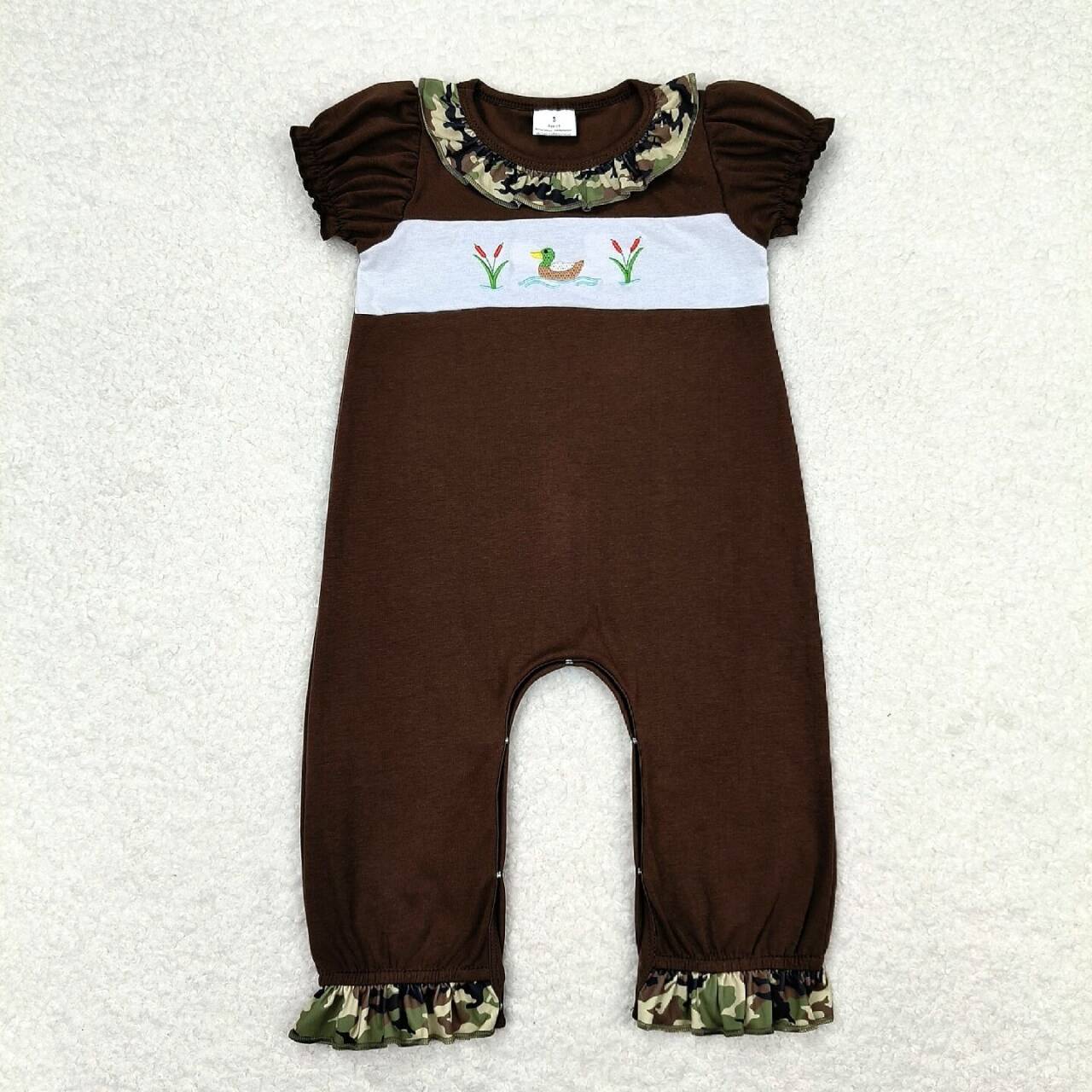 Brown Embroidery duck baby romper