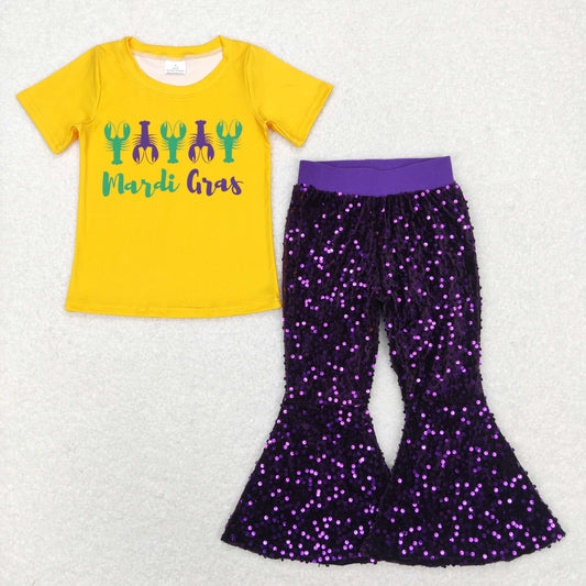 Happy Mardi Gras yellow Print Short Shirt purple sequin Bell Pants Jeans