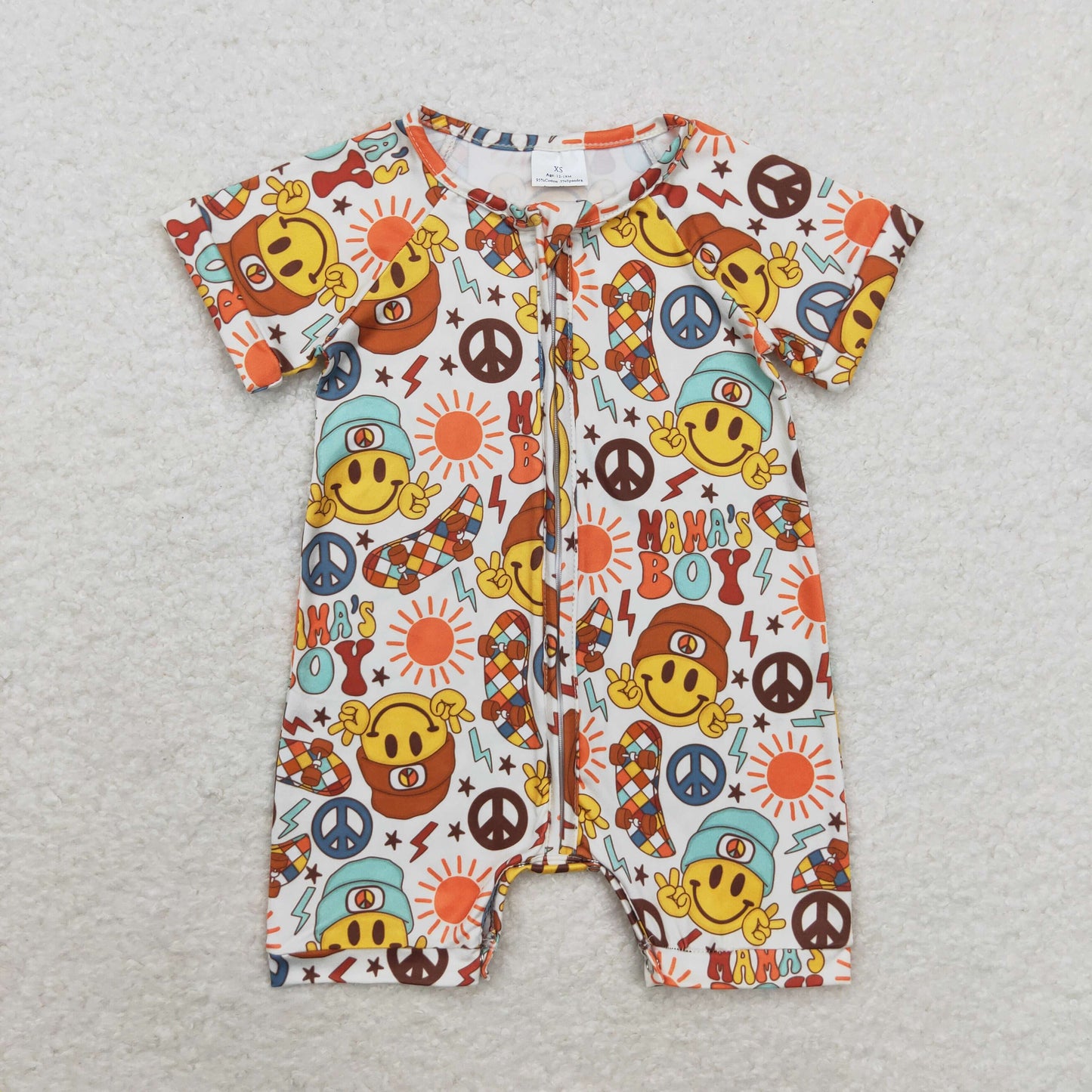 smile Print Short Sleeve With Zipper Baby Romper