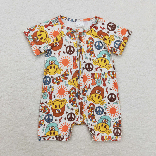 smile Print Short Sleeve With Zipper Baby Romper