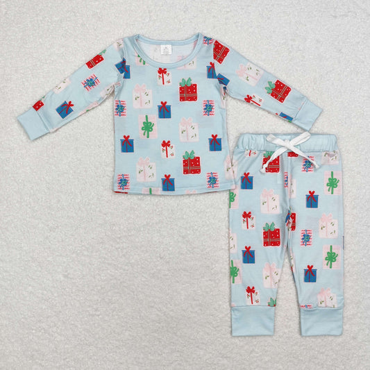 Christmas Blue Gift Print Long Sleeve Pajamas