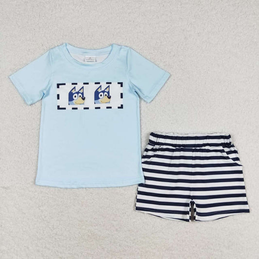 Blue Cartoon Dog print short sleeve boy set