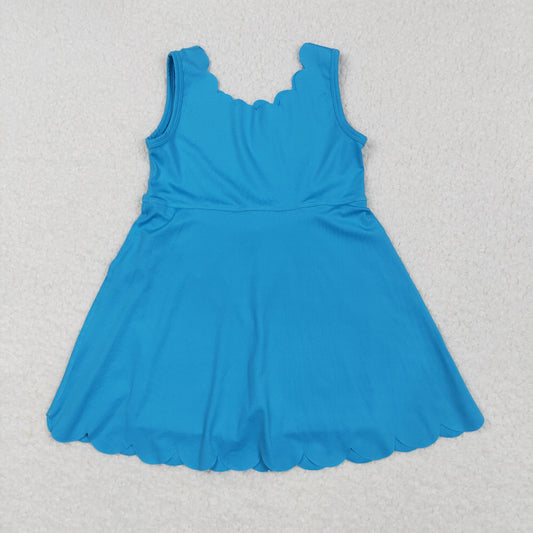 blue solid yoga sleeveless print girl dressGSD2375
