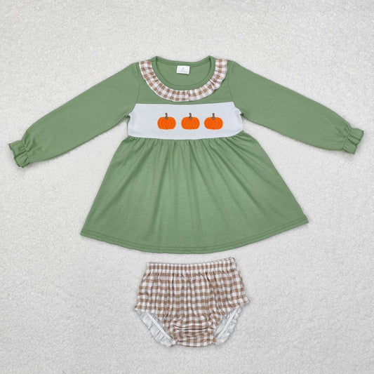 Fall green pumpkin Long Sleeve Girls Bummies