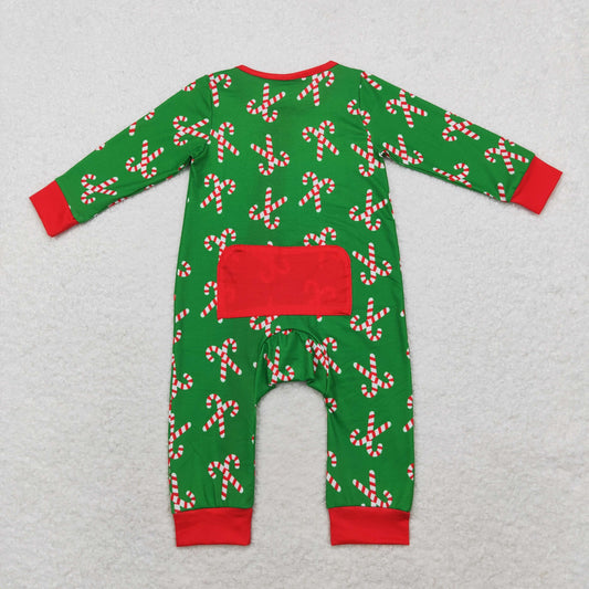 Christmas Green Candy Print Baby Romper With zipper