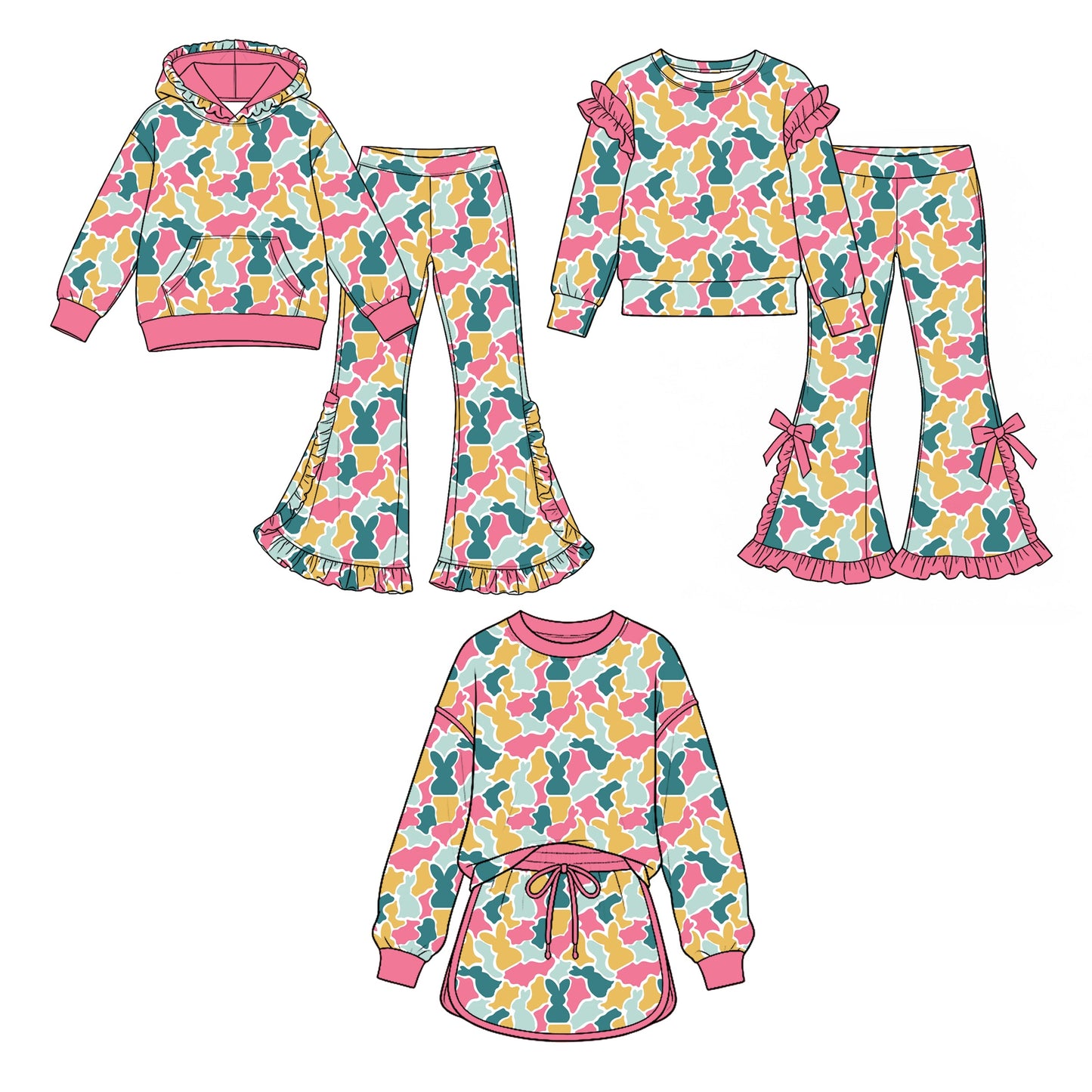 Preorder MOQ 5 pcs Each Style Easter Bunny Camo Ruffles Kids Matching Clothes