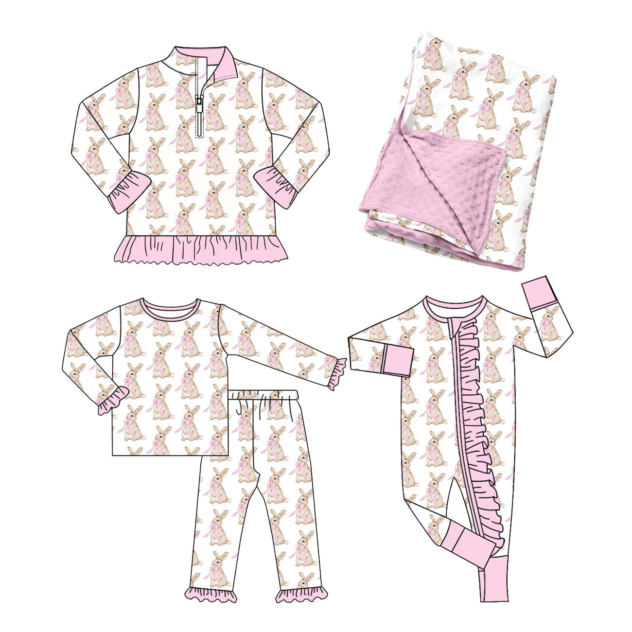 Preorder MOQ 5 pcs Each Style Easter Bunny Bows Ruffles Pink Kids Matching Clothes
