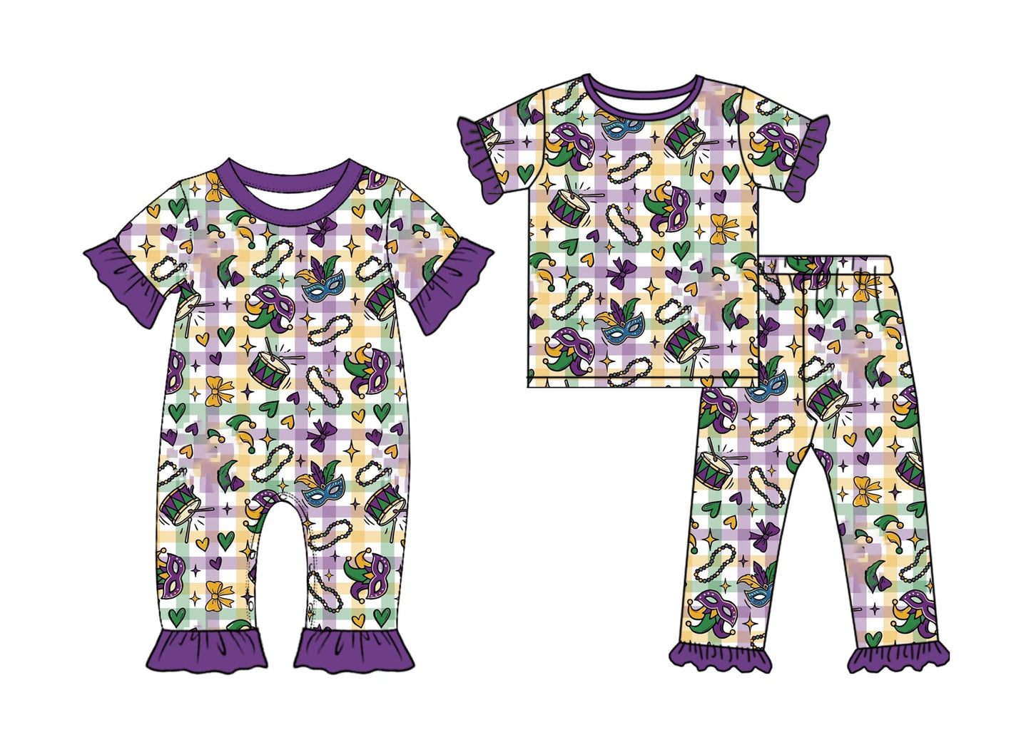 Preorder MOQ 5 pcs Each Style Mardi Gras Mask Ruffles Kids Matching Clothes
