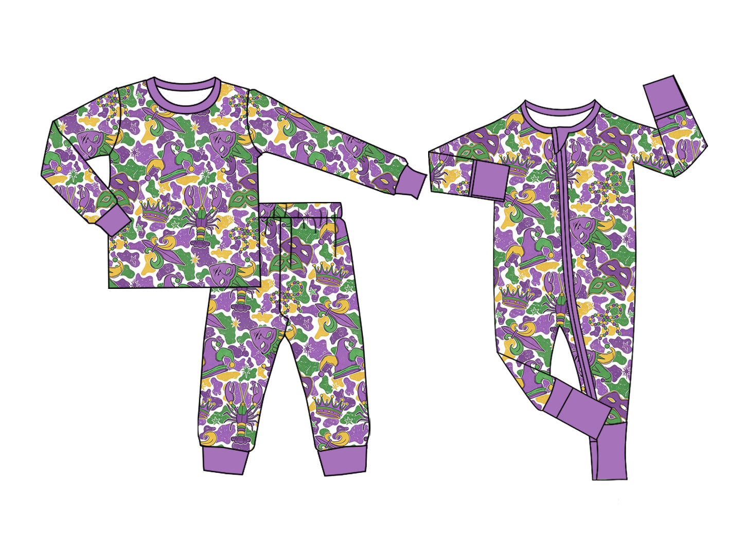Preorder MOQ 5 pcs Each Style Mardi Gras Mask Camo Boys Pajamas Outfits Kids Matching Clothes