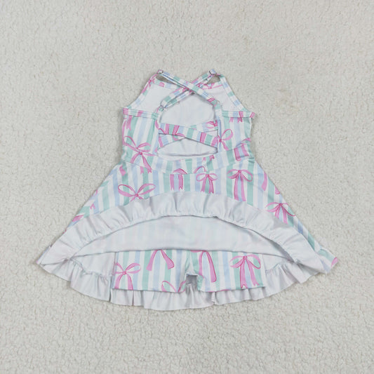 blue green stripe bows yoga sleeveless print girl set