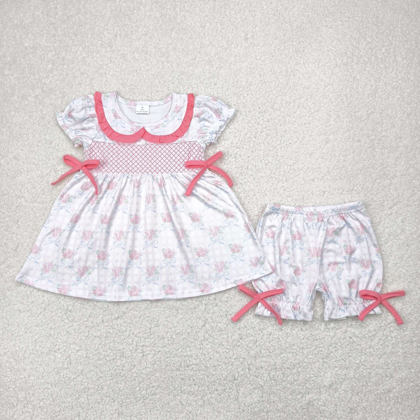 Blue bows floral plaid embroidery Girls Suit Summer Set