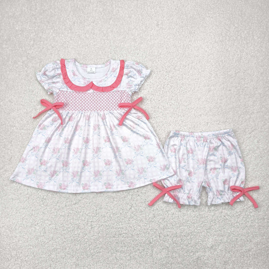 Blue bows floral plaid embroidery Girls Suit Summer Set