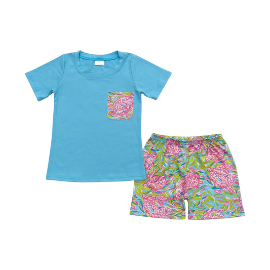 blue flower print short boy set