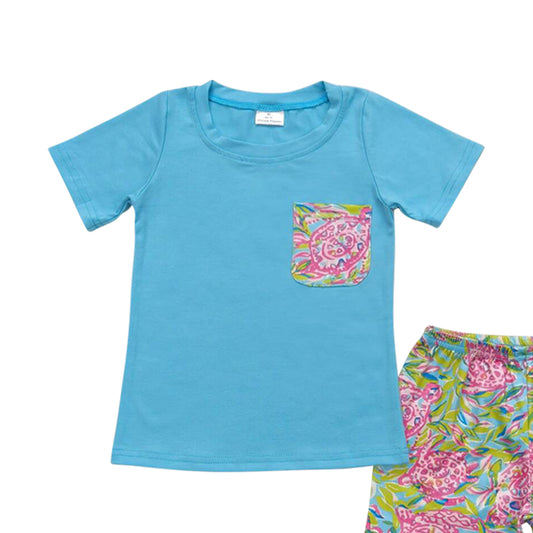 blue flower print short boy set