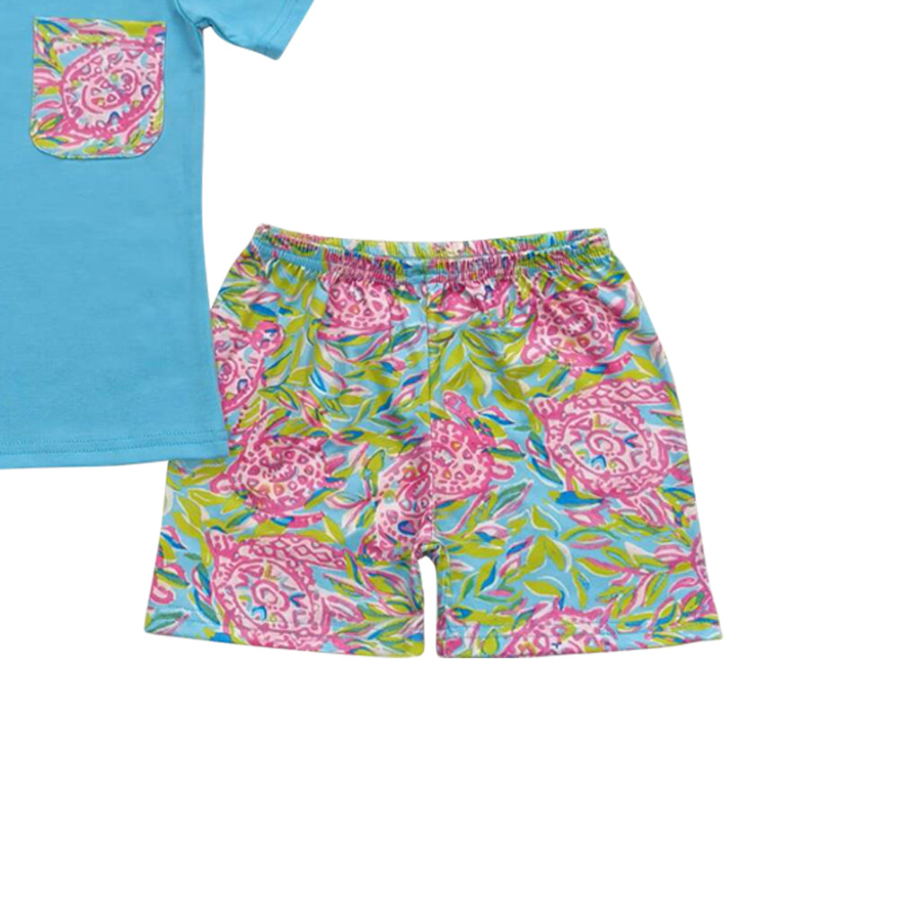 blue flower print short boy set
