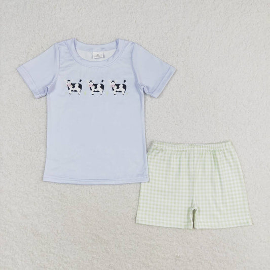 Blue Cow print plaid short sleeve boy set
