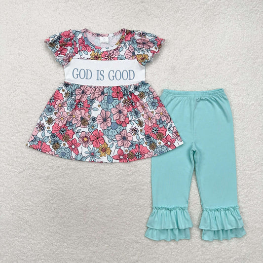 Flowers GOD IS GOOD Short Sleeve girls Pants Set
