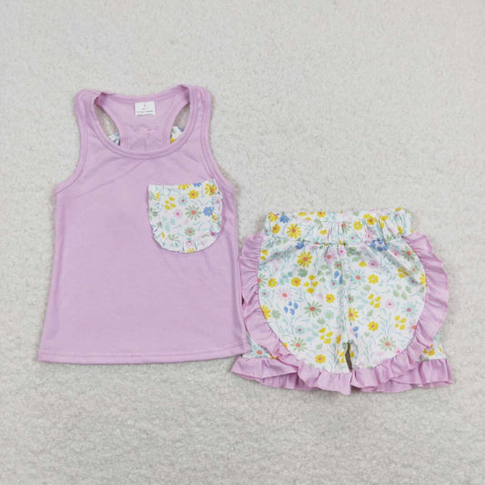 Purple  flower Print Summer Girls Set