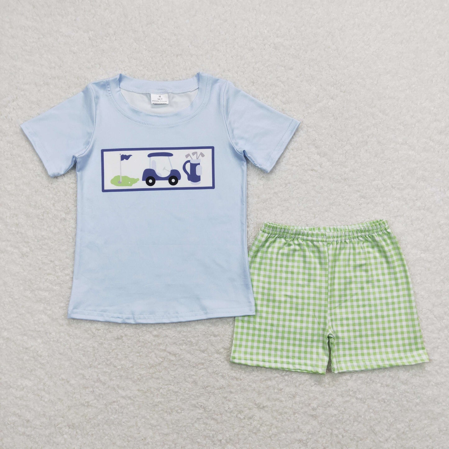 Blue Embroidery Golf green plaid Boy Set