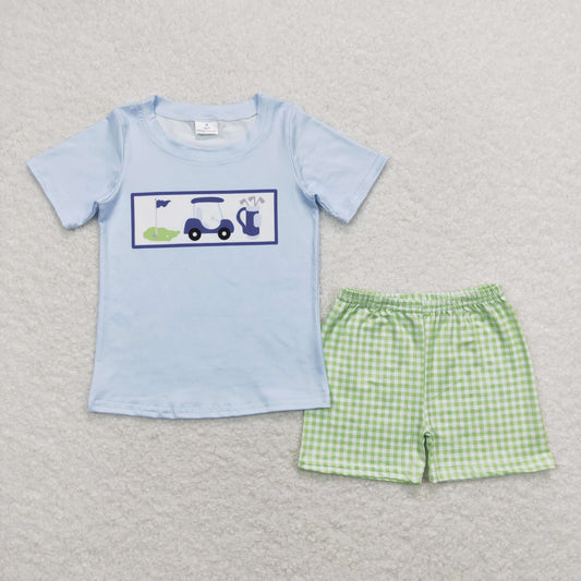 Blue Embroidery Golf green plaid Boy Set