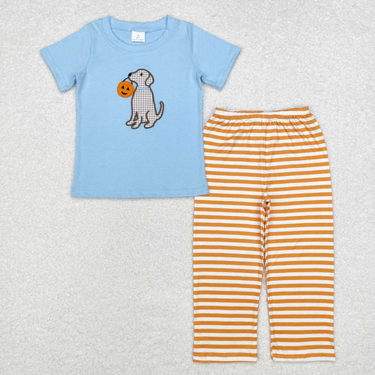 Halloween blue Dog pumpkin embroidery Print Boy Set