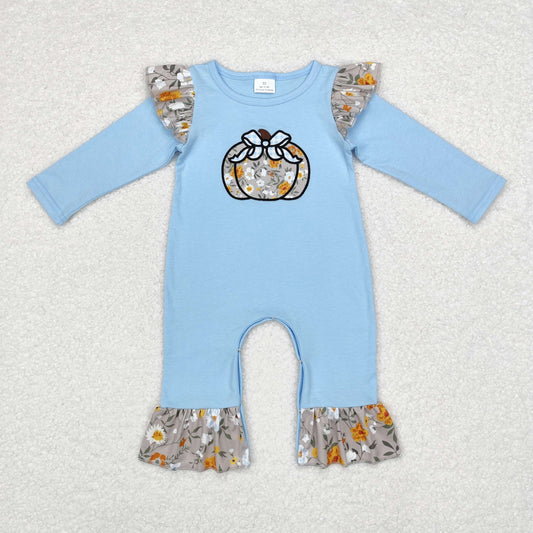 Fall Embroidered Blue flowers Pumpkin Baby long Romper