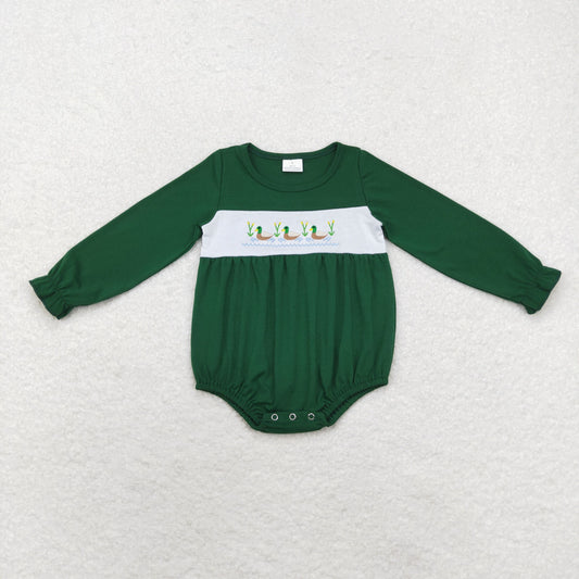 Green Embroidered Duck Baby long Romper