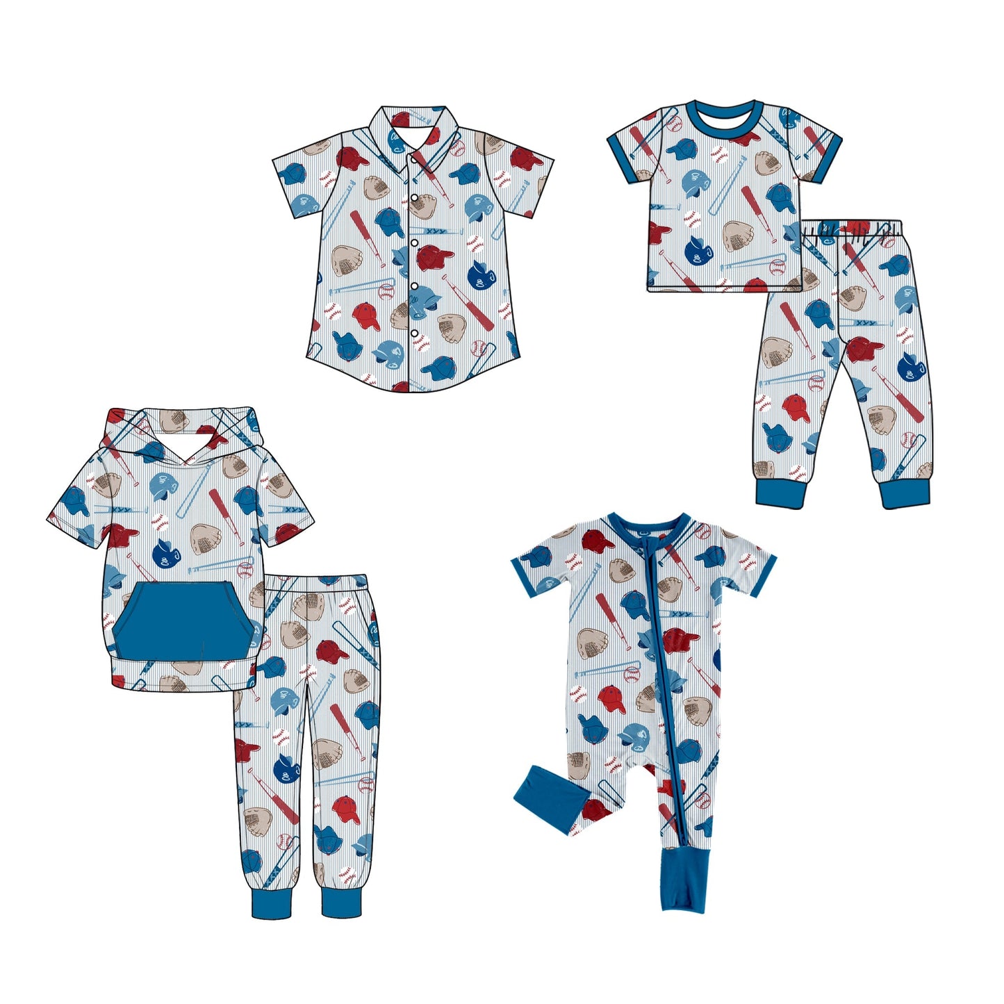 Preorder MOQ 5 pcs Each Style GO TEAM Baseball Print Stripe Blue Kids Matching Clothes
