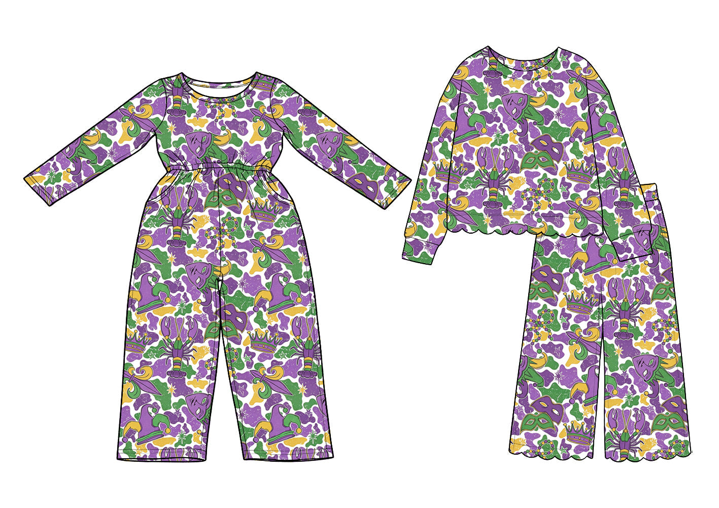 Preorder MOQ 5 pcs Each Style Mardi Gras Mask Camo Girl's Jumpsuit & Scallop Edge Set Kids Matching Clothes