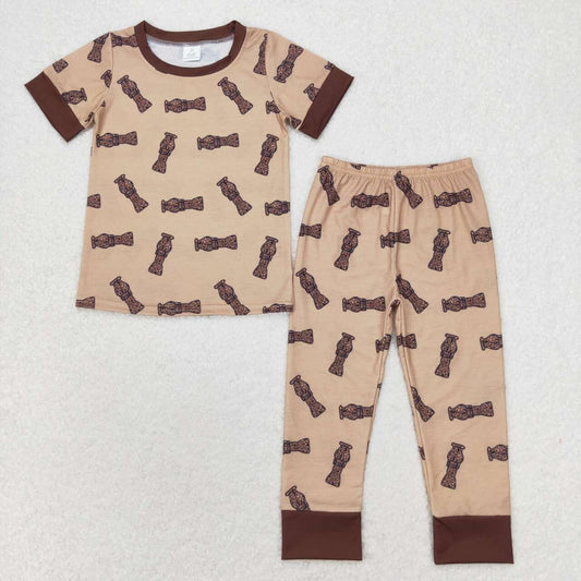 brown print Short Sleeve Long Pants Pajamas
