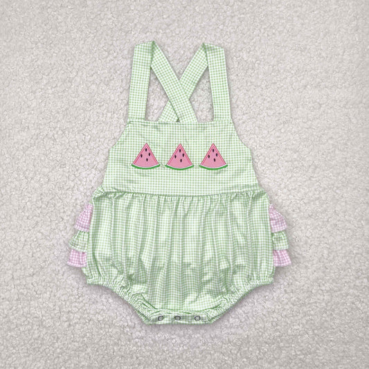 Watermelon embroidery green plaid Baby Romper