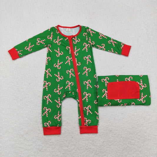 Christmas Green Candy Print Baby Romper With zipper