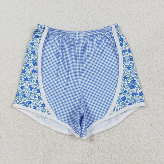 blue flowers plaid Kids  Short