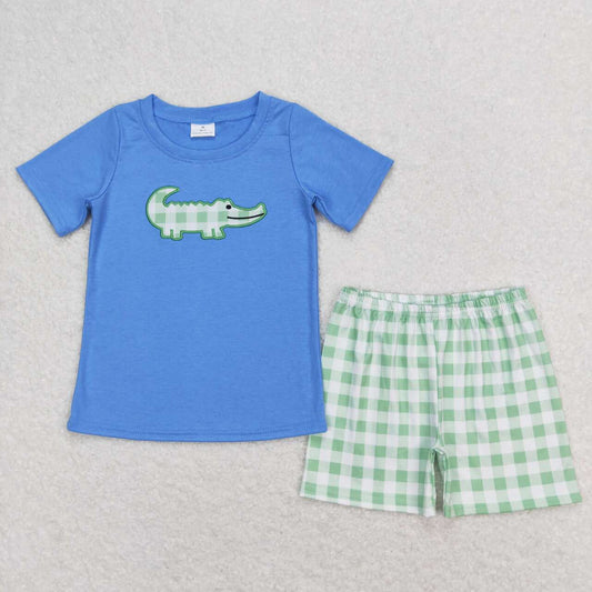 Blue Embroidered Crocodile Plaid Boy Set