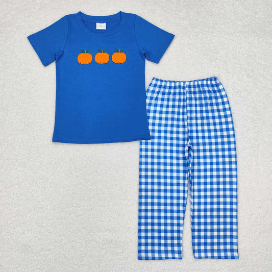 Halloween blue plaid pumpkin embroidery Print Boy Set