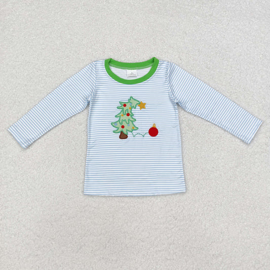 Christmas blue stripe tree Embroidery top