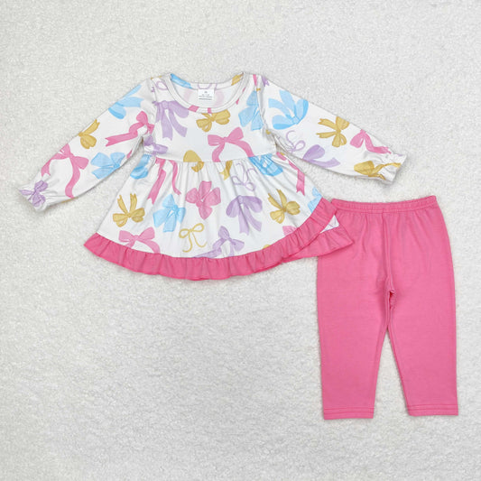 Fall Pink Bow Print Long Sleeve Pants Set