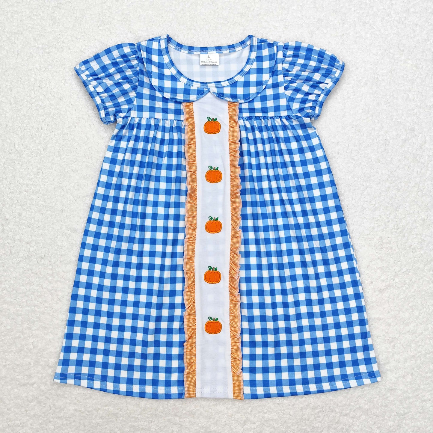 Halloween pumpkin blue plaid embroidered Girls Dress