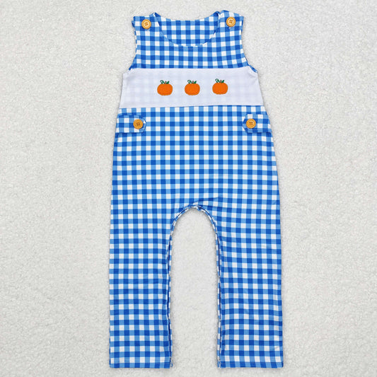 halloween Embroidery pumpkin blue plaid Baby Romper