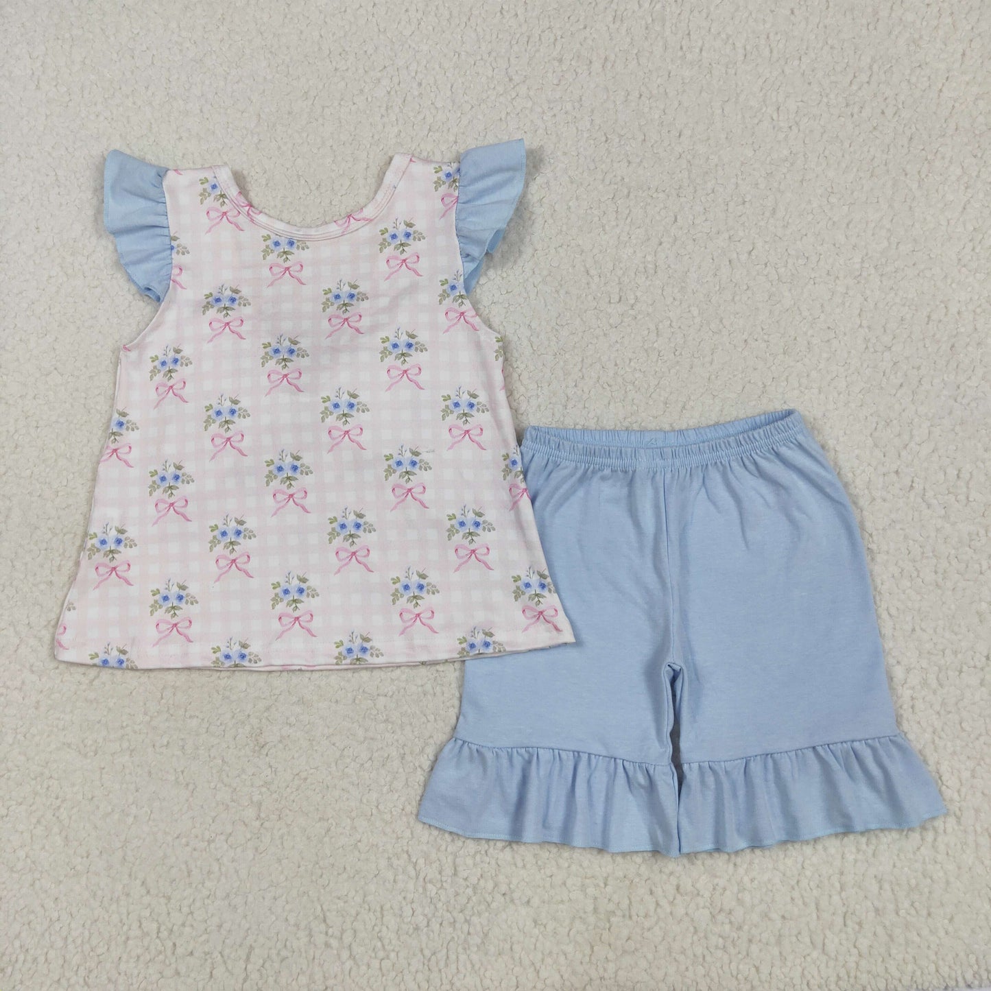 pink plaid blue flowers embroidery Girls Suit Summer Set