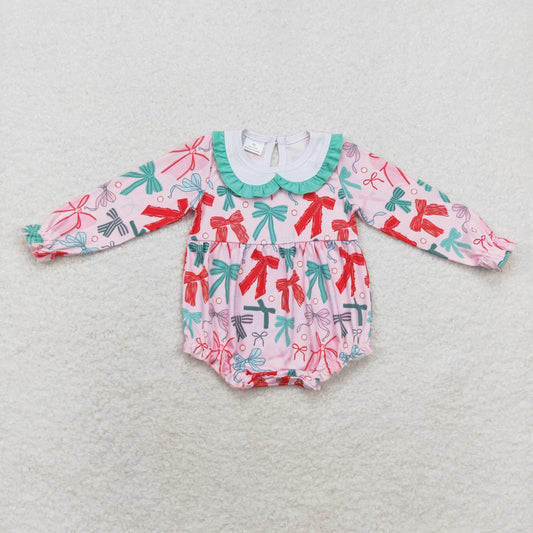 Pink bow print baby long sleeves romper