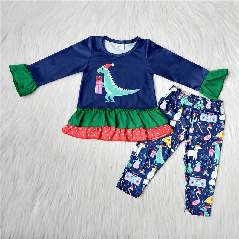 Christmas Blue Dinosaur Print Outfits