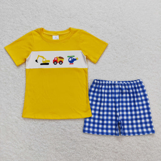 Yellow Embroidered Excavator blue Plaid Boy Set